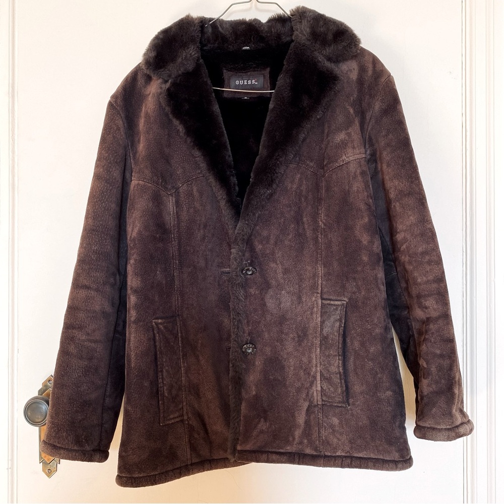 Vintage GUESS Suede Leather Faux Shearling Jacket – Chocolate Brown – Size S